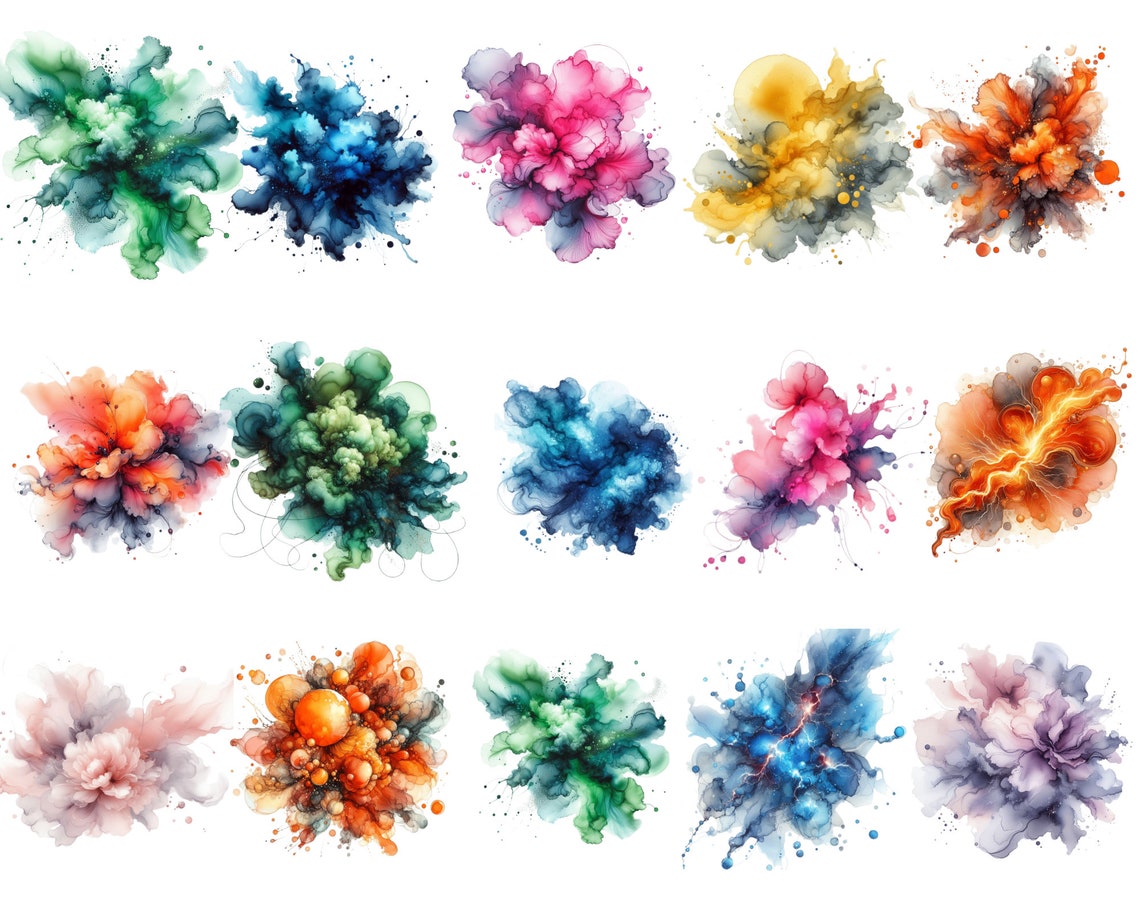 Watercolor Alcohol Ink Splash Clipart: Colorful Abstract PNG (digital ...