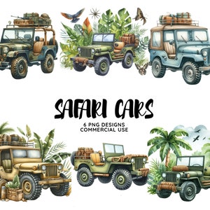 Voiture de safari aquarelle dans la jungle tropicale, sublimation pour enfants, clipart invitation baby shower, décoration d'anniversaire jungle, décoration de gâteau de bébés animaux