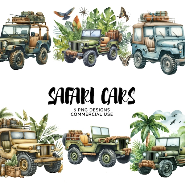 Watercolor Tropical Jungle Safari Car, Kids Sublimation, Baby Shower Invite Clipart, Jungle Birthday Decor, Baby Animals Cake Topper