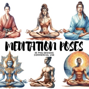 Clipart de meditación, Pose de yoga y atención plena, Mujeres acuarelas meditando, para uso comercial, PNG transparentes, Meditador Boho