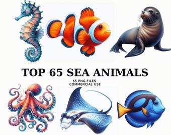 Watercolor Ocean Animals Clipart: Sealife Nursery Art (PNG Files)