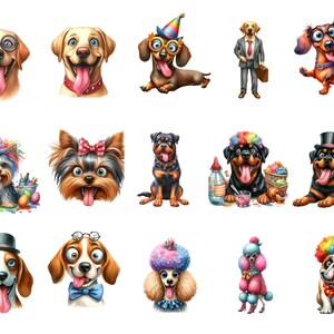 Paquete de imágenes prediseñadas de perros divertidos y locos, perros PNG, gráficos de cachorros de acuarela, animales lindos, cara de perro divertida, uso comercial, descarga digital