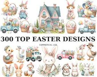 Easter Watercolor Clipart Bundle: Bunny, Eggs, Wildflowers (PNG)