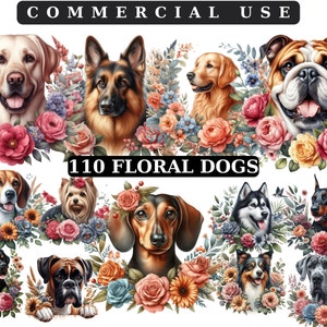 Welpe mit Blumen-Clipart, Hunde-Clipart, druckbare Aquarell-Clipart, hochwertige JPGs, digitaler Download, Papierhandwerk, Junk-Zeitschriften
