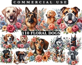 Könnte beinhalten: Eine Sammlung von 110 digitalen Illustrationen von Hunden mit Blumenarrangements. Die Hunde sind in verschiedenen Rassen und Posen, und die Blumen sind in einer Vielzahl von Farben und Stilen.