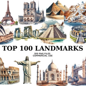 Akwarele Zabytki 300 PNG Clipart Bundle, Popularne Zabytki Clipart, Wieża Eiffla, Taj Mahal, Statua Wolności, Ilustracje Koloseum