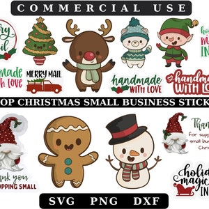 May include: A set of 15 Christmas-themed stickers for small businesses. The stickers feature various designs, including a gingerbread person, a snowman, a reindeer, a gnome, and a Christmas tree. The stickers also include text such as "Merry Mail", "Handmade with Love", and "Holiday Magic Inside".