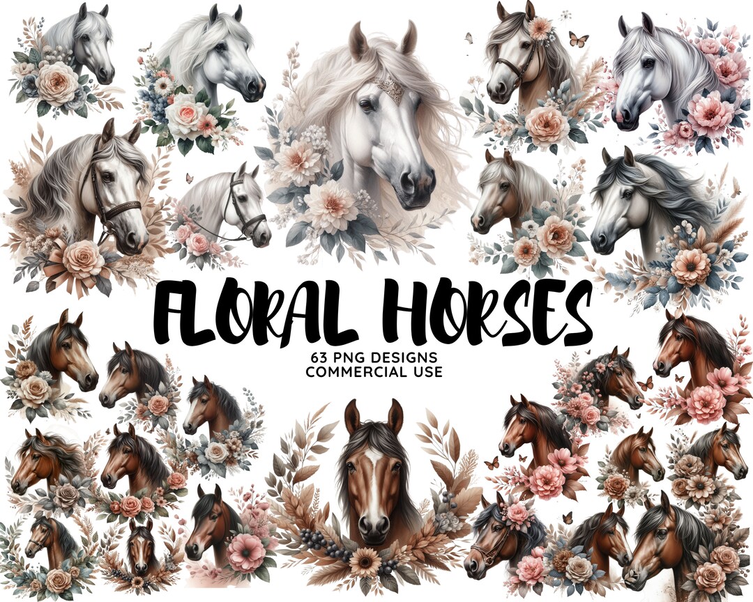 Floral Horses Clipart, Printable Watercolor Clipart Png, High Quality ...