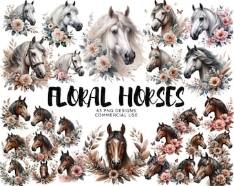Floral Horses Watercolor Clipart: Printable PNG & JPG (Digital Download)