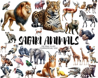 Watercolor Safari Animals Clipart: Jungle Wildlife PNG (Instant Download)