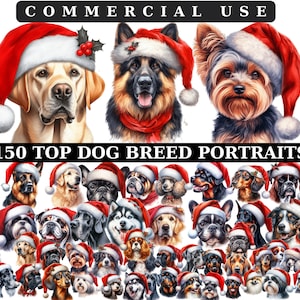 Aquarel kerst honden clipartbundel, puppy's kerst png, dieren kerst, hondenrassen, kersthuisdieren, hondenportretten, digitaal papier