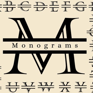 May include: A black and white monogram font set with the letter M displayed in the centre. The word "Monograms" is written in black text below the letter M. The alphabet is displayed on the left and right sides of the image.