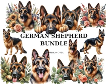 Watercolor German Shepherd Clipart Bundle: Dog PNG Images (Digital Download)