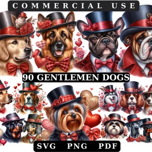 Aquarel Gentleman Dog Clipart, Valentine Digitale beelden, transparante achtergrond, hoge kwaliteit, Fancy Dog clipart Husky, Samojeed, Labrador