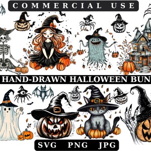 Watercolor Halloween Clipart Bundle: 100 PNG, SVG, DXF Files (Commercial Use)