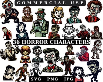 Retro Horror Character Clipart: Halloween PNG Bundle (SVG, DXF)