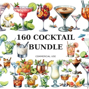 Clipart cocktail, aquarelle Signature menu de boissons PNG, Daiquiri PNG inclus, créez des cadeaux uniques pour le menu du bar avec ce lot de cliparts