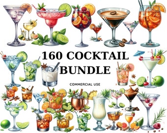 Watercolor Cocktail Clipart: Signature Drink Menu PNG Bundle