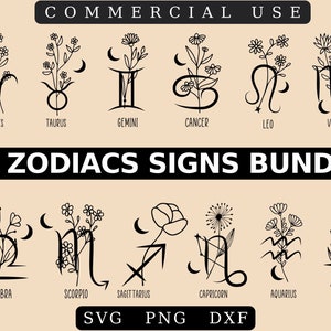 Zodiac svg Bundle - Signe du Zodiaque Svg - Astrologie Svg - Fleur de Naissance Svg Png Clipart - Bélier Gémeaux Scorpion Verseau Vierge Lion Cancer Svg