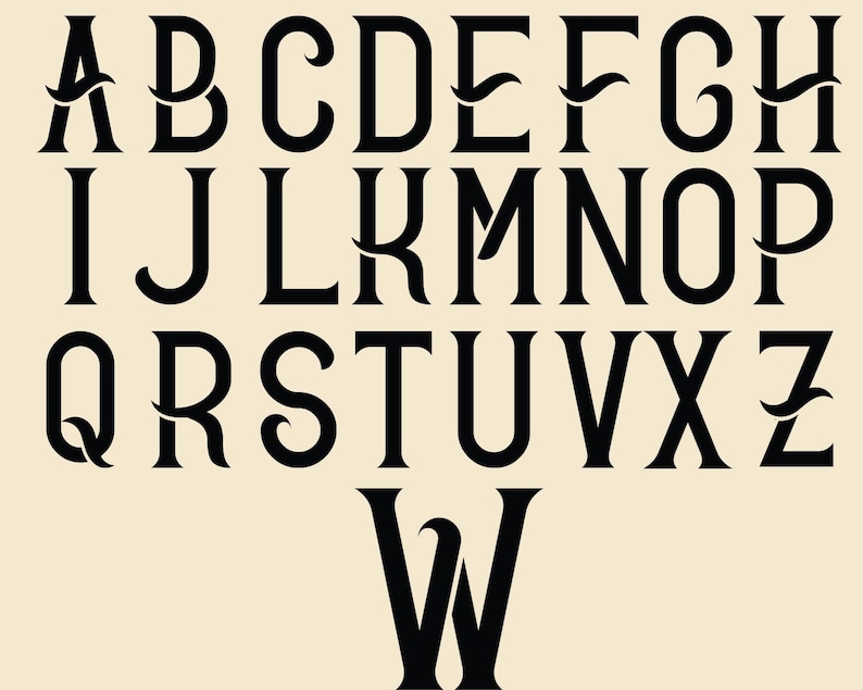 May include: Black and white alphabet font with decorative flourishes. The letters are in a bold, serif style. The font is uppercase and includes all 26 letters of the alphabet.