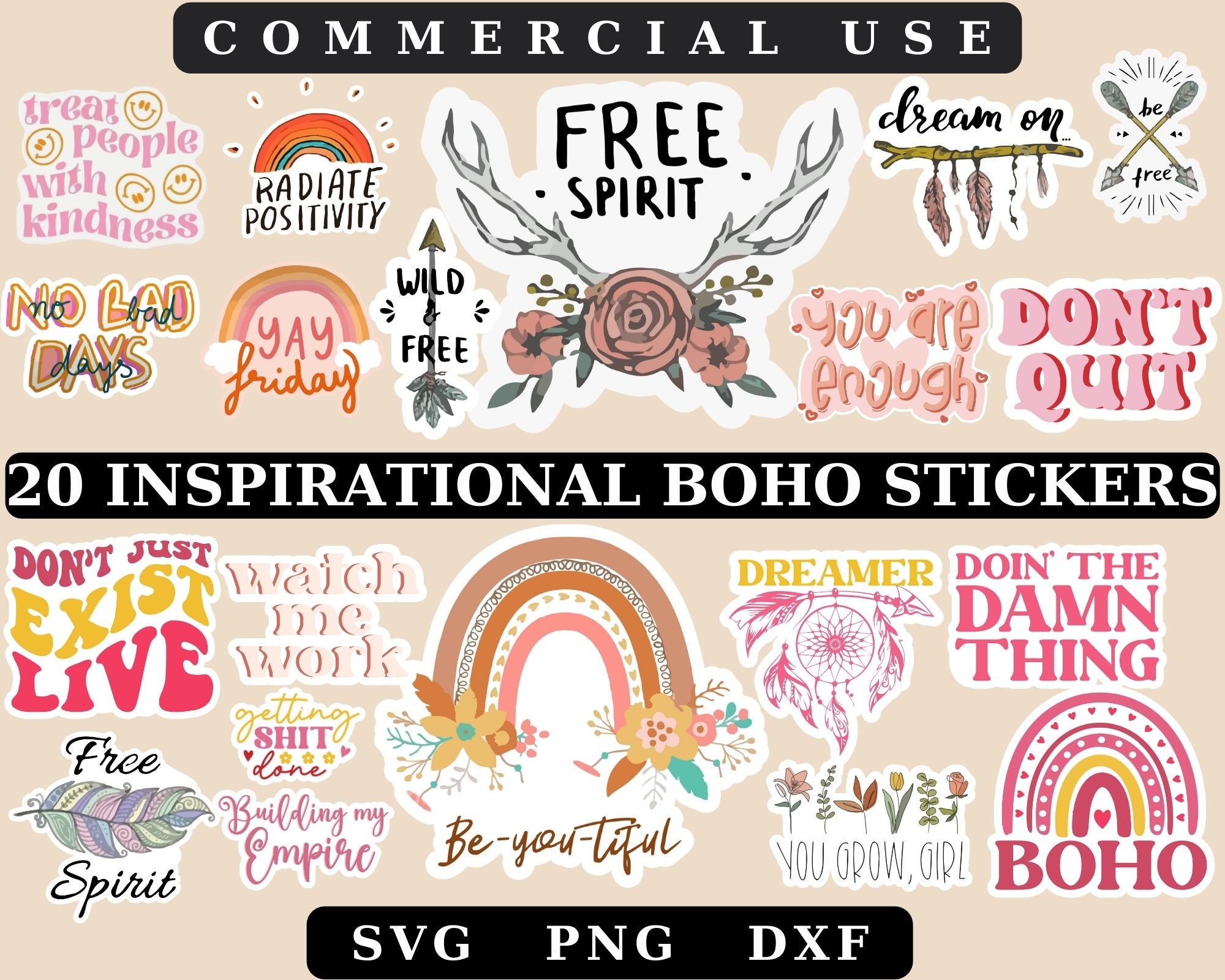 Boho Stickers Svgboho Inspirational Quote Bundle Svgdigital 