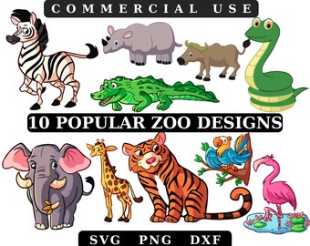 May include: A set of 10 popular zoo animal designs, including a zebra, rhinoceros, buffalo, alligator, elephant, giraffe, tiger, parrot, flamingo, and snake. The designs are in cartoon style and are perfect for crafting projects, scrapbooking, and more.  10 POPULAR ZOO DESIGNS, SVG PNG DXF