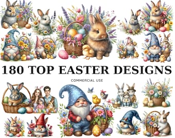 Ostern Aquarell Clipart Bundle: Hase, Zwerge, Frühlingsgrafik (digitaler Download)
