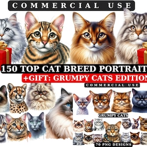 May include: A digital download of 150 cat breed portraits, including a bonus set of 70 grumpy cat portraits. The images are in PNG format and are suitable for commercial use.
