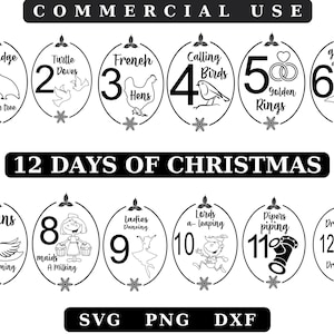 Modèles 12 jours de Noël, clipart Noël, graphiques de vacances, étiquettes de Noël douze jours, décoration de Noël à sublimation, Noël