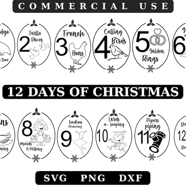 12 Days of Christmas Designs,Christmas Clip Art,Holiday Graphics,Twelve Days Of Christmas Labels,Sublimation Christmas Ornament, xmas