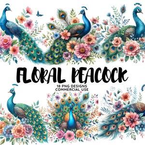 Watercolor Floral Peacock Clipart, Peacock Png Set, Boho Peacock Art, Watercolor Bird, Peacock Feathers, Sublimation PNG, Digital Download