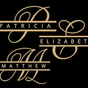 May include: A gold-colored graphic design with the names "Patricia", "Elizabeth", and "Matthew" written in a script font with a double line underneath each name.