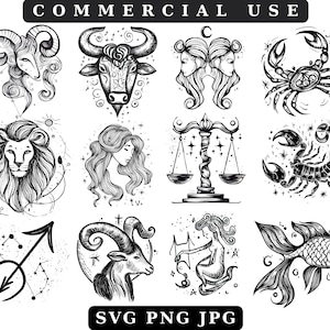 ZODIAC SIGNS BUNDLE Svg, Handgetekende Horoscoop Svg, Astrologie Svg, Zodiac Svg, Png, Cricut Cut Files, Horoscoop Svg, Alle 12 Astrologietekens