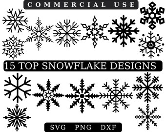 May include: A collection of 15 black and white snowflake designs. The snowflakes are in various styles and sizes. The text "15 TOP SNOWFLAKE DESIGNS" is at the top of the image. The text "SVG PNG DXF" is at the bottom of the image.