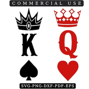 KING QUEEN SVG con corona, naipes, casino noche pareja de póquer corona Svg png vinilo calcomanía pegatina, king y reina clip art svg png