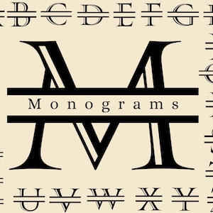 May include: A black and white monogram font set with the letter M displayed in the centre. The word "Monograms" is written in black text below the letter M. The alphabet is displayed on the left and right sides of the image.
