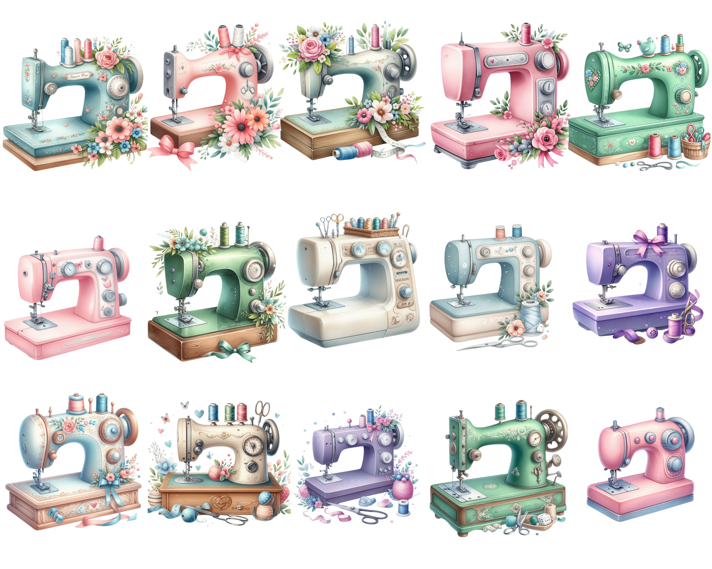 Watercolor Floral Sewing Machine Clipart: 35 PNG Files (Digital Download)