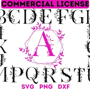 Puede incluir: Un conjunto de letras del alfabeto en blanco y negro con adornos florales. La letra A está en un marco geométrico rosa con acentos florales. Las letras están bajo una licencia de uso comercial.