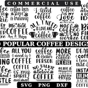 Op de afbeelding: Een verzameling van 20 zwart-witte koffie-thema SVG-ontwerpen. De ontwerpen bevatten verschillende koffiegerelateerde zinnen en illustraties, zoals "Koffie is mijn spirit dier", "Het leven gebeurt, koffie helpt" en "Koffie maakt me een beter persoon".