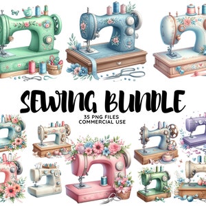 Watercolor Sewing Machine Clipart: Vintage Floral PNG Bundle (Commercial Use)