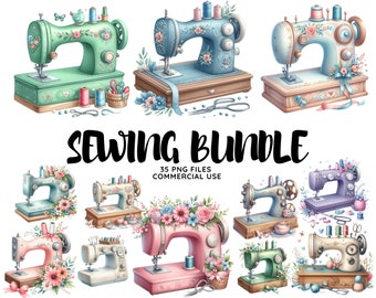 Watercolor Sewing Machine Clipart: Vintage Floral PNG Bundle (Commercial Use)