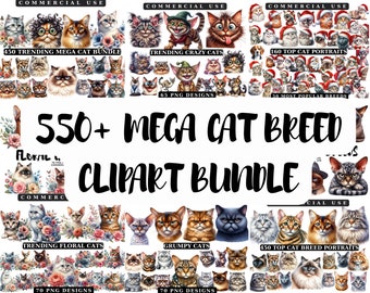 May include: A digital clipart bundle of over 550 cat breed illustrations. The images feature a variety of cat breeds in different poses and expressions, including floral, grumpy, and top cat breed portraits. The bundle includes 70 PNG designs.