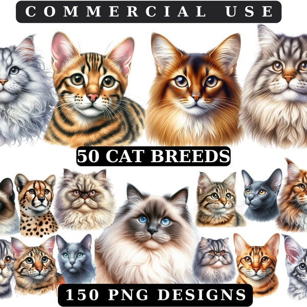 Realistic Cats PNG Bundle, Cats Clipart PNGs, Cats Clipart, Animals Clipart, Watercolor Animals, Instant Digital Download