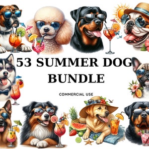 Aquarel zomer hond clipart, zonnebril cocktail drankjes puppy clipart, Aloha Animal aquarel, tropische bloemen strand palmen commercieel gebruik.