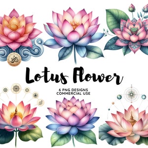 蓮の花の水彩画クリップアートバンドル PNG 花の画像、マインドフルネスの美しい花のグラフィック、インスタントデジタルダウンロード、商用利用