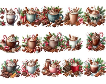Watercolor Christmas Hot Chocolate Clipart: Festive Winter Drinks (PNG, SVG, JPG)