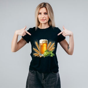 May include: A black t-shirt with a graphic of a glass of beer, wheat stalks, and a hop cone.