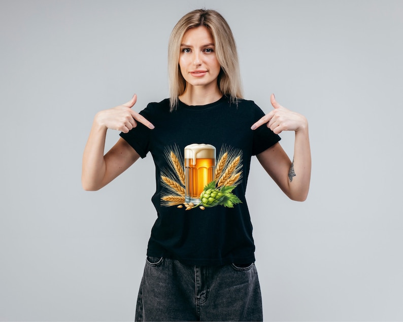 May include: A black t-shirt with a graphic of a glass of beer, wheat stalks, and a hop cone.