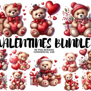 Aquarelle ours en peluche Saint-Valentin Clipart, Clipart Saint-Valentin avec des roses rouges et des coeurs, amour ours PNG, usage commercial, téléchargement immédiat
