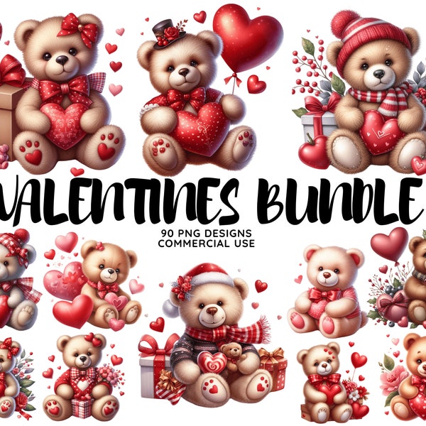 Akwarela Walentynki Miś clipart, Walentynki clipart z czerwonymi różami i sercami, Love Bears PNG, do użytku komercyjnego, Instant Download